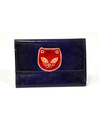 Peněženka design "Cat Head", malovaná kůže, tmavě modrá 9x14cm