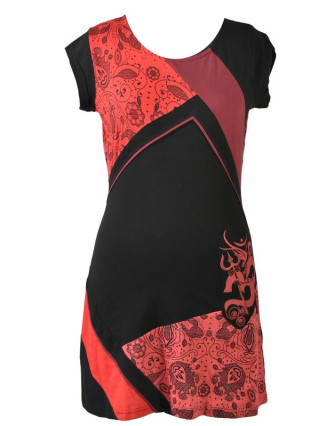 Černo červené šaty s krátkým rukávem, mix potisků, Shiva Óm design