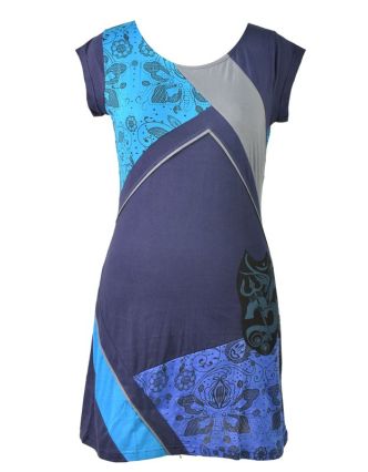 Modro-tyrkysové šaty s krátkým rukávem, mix potisků, Shiva Óm design
