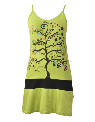 Krátké zelené šaty na ramínka s potiskem stromu, Tree design, barevná výšivka
