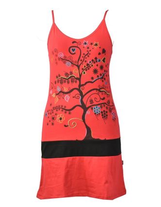 Krátké červené šaty na ramínka s potiskem stromu, Tree design, barevná výšivka