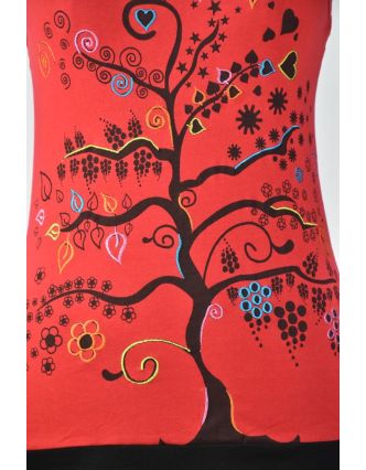 Krátké červené šaty na ramínka s potiskem stromu, Tree design, barevná výšivka