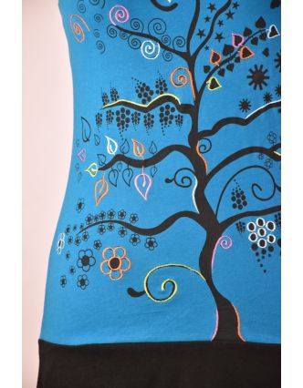 Krátké tyrkysové šaty na ramínka s potiskem stromu, Tree design, barevná výšivka