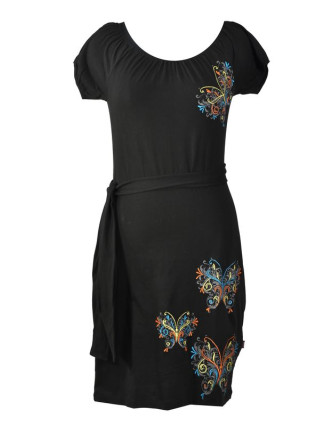Černé šaty na ramena, krátký rukáv,  barevná výšivka motýl