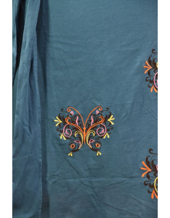 Modré šaty na ramena, krátký rukáv,  barevná výšivka motýl