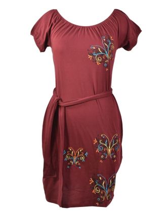 Vínové šaty na ramena, krátký rukáv,  barevná výšivka motýl