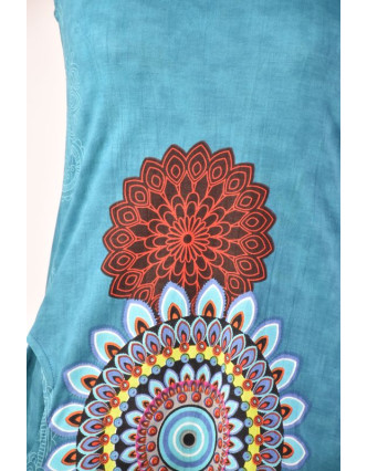 Tyrkysové šaty bez rukávu "Mandala", barevný potisk a kapsy