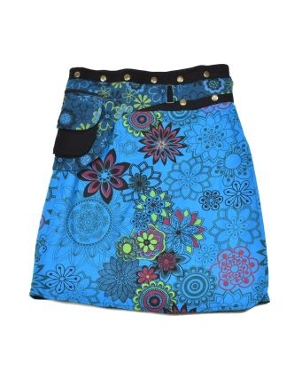 Polodouhá tyrkysová sukně zapínaná na patentky, kapsa, flower print