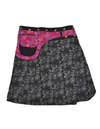 Polodouhá černo-růžová sukně zapínaná na patentky, kapsa, small flower print