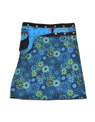 Polodouhá modrá sukně zapínaná na patentky, kapsa, flower print