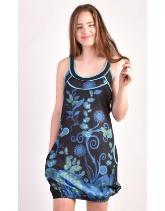 Černo-modrá balonové šaty bez rukávu "Flower design", kapsy
