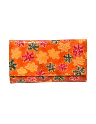 Peněženka design "Flowers" malovaná kůže, oranžová, 21,5x12cm