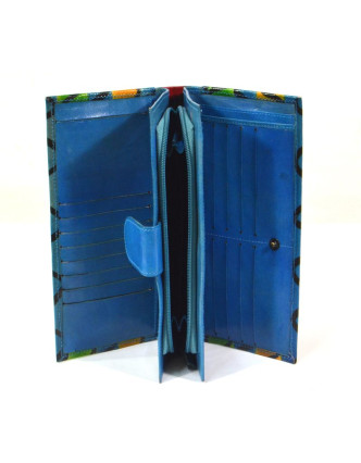 Peněženka, malovaná kůže, modrá, vlnky, 23x12cm