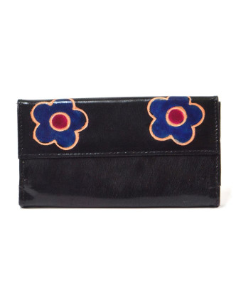 Peněženka design "Two Flower" malovaná kůže, černá, 9x16cm