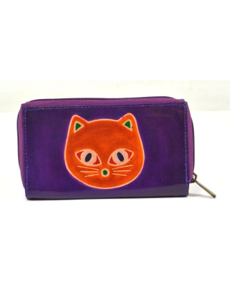 Peněženka zapínaná na zip, fialová, kočka, malovaná kůže, 17x11cm