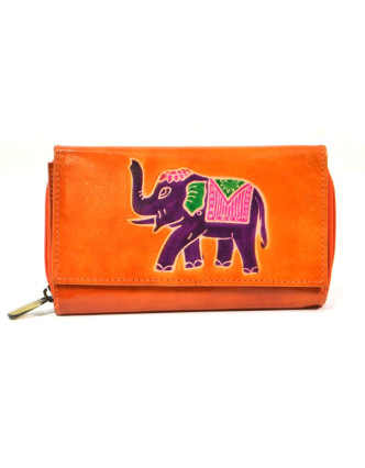 Peněženka zapínaná na zip, oranžová, slon, malovaná kůže, 17x11cm