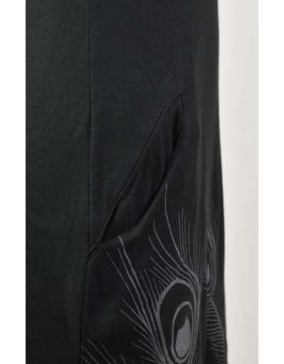 Černé šaty s límcem, bez rukávu, šedý potisk Peacock