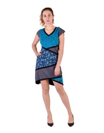 Modro-tyrkysové šaty s potiskem a krátkým rukávem, mix potisků