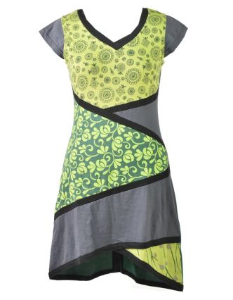 Šedo-zelené šaty s potiskem a krátkým rukávem, mix potisků