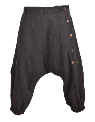 Černé turecké kalhoty s kapsami, šňůrky a guma v pase
