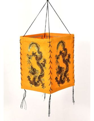Čtyřboký lampion - stínidlo se zlatým potiskem draka, oranžová, 18x25cm