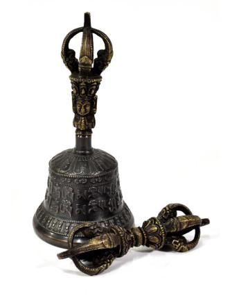 Tibetský zvon a dorje,bronzová barva, ornament, 15cm
