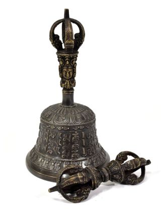 Tibetský zvon a dorje,bronzová barva, ornament, 16cm