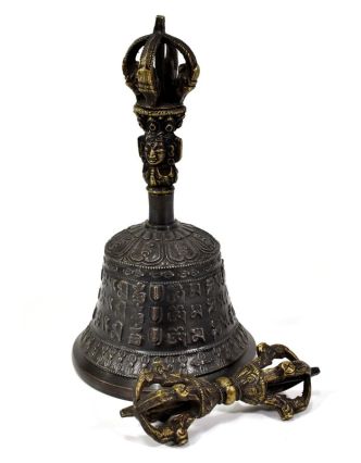 Tibetský zvon a dorje,bronzová barva, ornament, 18cm