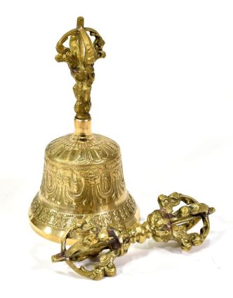Tibetský zvon a dorje, mosazná barva, ornament, 13cm
