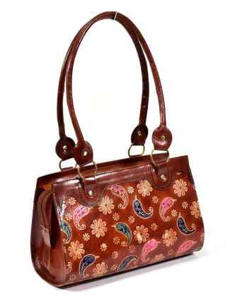 Kožená kabelka, hnědá "Vintage style", ručně malovaná kůže, 30x15x20+28cm uši