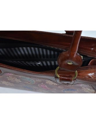 Kožená kabelka, hnědá "Vintage style", ručně malovaná kůže, 30x15x20+28cm uši