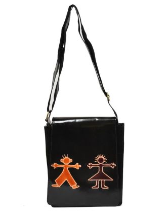 Kožená kabelka černá "Boy and Girl" Crossbody bag, ručně malovaná kůže, 29x6x23