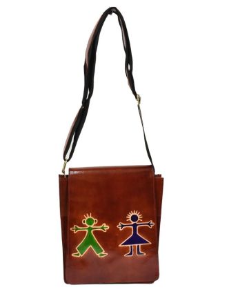 Kožená kabelka hnědá "Boy and Girl" Crossbody bag, ručně malovaná kůže, 29x6x23