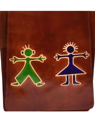Kožená kabelka hnědá "Boy and Girl" Crossbody bag, ručně malovaná kůže, 29x6x23