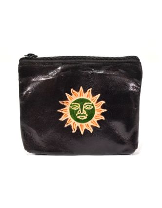 Peněženka na drobné, černá, slunce ručně malovaná kůže, 10,5x8,5 cm