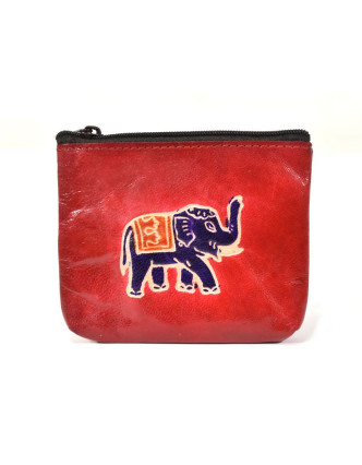 Peněženka na drobné, červená, slon ručně malovaná kůže, 10,5x8,5 cm