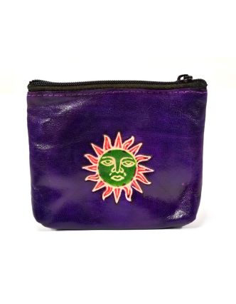 Peněženka na drobné, fialová, slunce ručně malovaná kůže, 10,5x8,5 cm