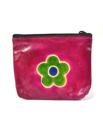 Peněženka na drobné, růžová, květina, ručně malovaná kůže, 10,5x8,5 cm