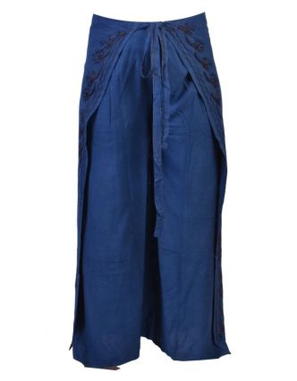 Dlouhé zavinovací kalhoty s výšivkou, modrá