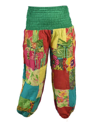 Zelené balonové kalhoty, patchwork design, elastický pas, kapsy