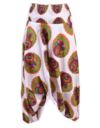 Bílé turecké kalhoty-overal-halena 3v1 barevná kolečka, žabičkování