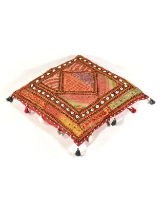 Meditační polštář, "Rajasthan Antik", zrcátka, mušličky, třásně, 60x60x20cm