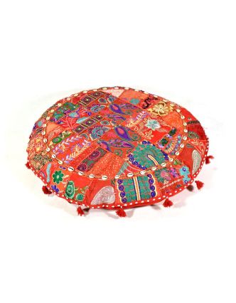 Červený meditační polštář, ručně vyšívaný Kutch Design, kulatý, 75x25cm
