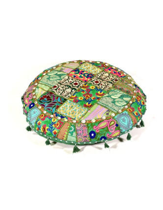 Zelený meditační polštář, ručně vyšívaný Kutch Design, kulatý, 75x25cm