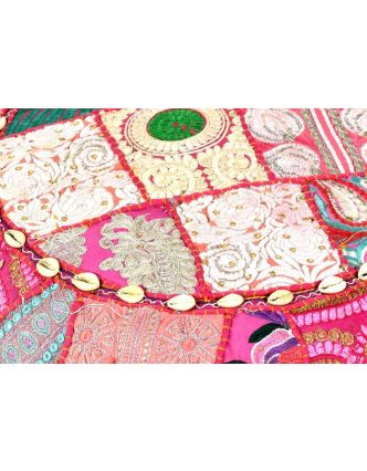 Růžový meditační polštář, ručně vyšívaný Kutch Design, kulatý, 60x20cm