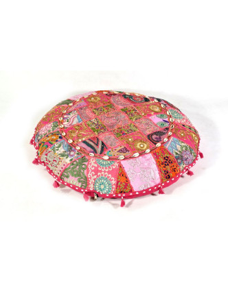 Růžový meditační polštář, ručně vyšívaný Kutch Design, kulatý, 75x 25cm