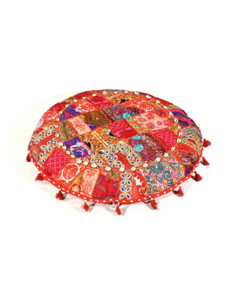 Červený meditační polštář, ručně vyšívaný Kutch Design, kulatý, 75x 25cm