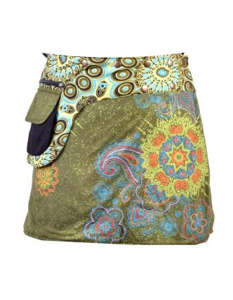 Krátká khaki sukně zapínaná na patentky, kapsa, flower potisk a výšivka