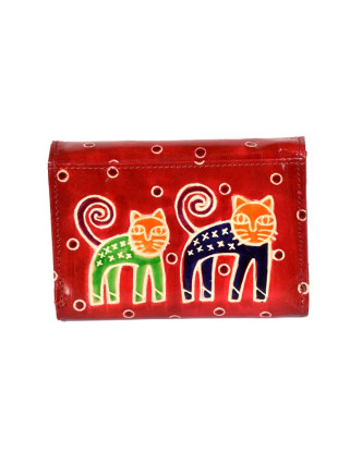 Velká peněženka design "Two Cats", ručně malovaná kůže, červená,15x11cm