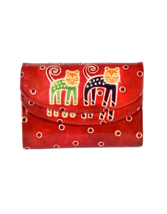 Velká peněženka design "Two Cats", ručně malovaná kůže, červená,15x11cm